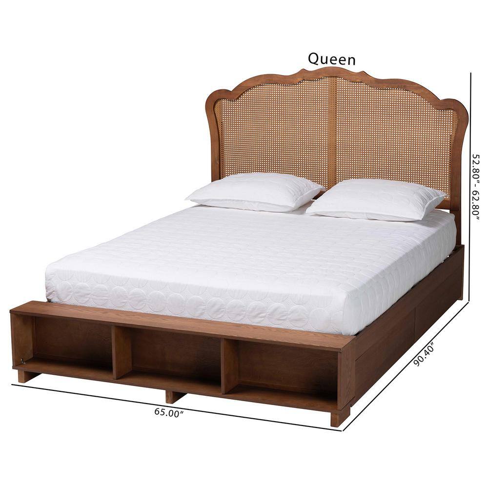 Latrell Walnut Brown Wood Queen Bed with Rattan Headboard and Storage