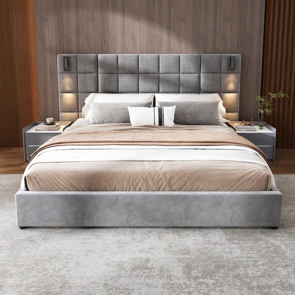 Gray Wood Frame King Velvet Upholstered Platform Bed with Large Luxuriously Padded Headboard, Reading Lamp, USB Port