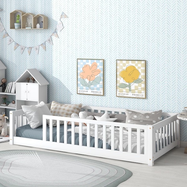 White Wood Frame Twin Size Platform Bed with Guardrails without Door