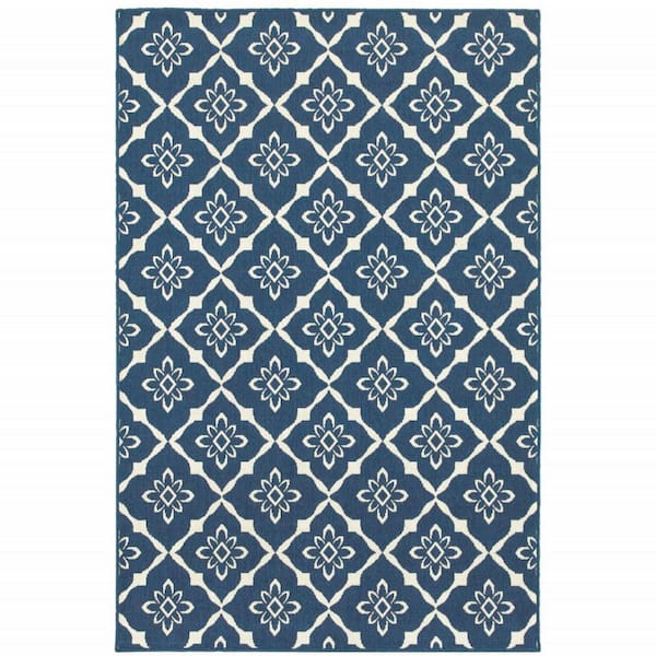 Blue, Ivory 9 ft. x 13 ft. Loomed Floral Polypropylene Rectangle Indoor/Outdoor Area Rug