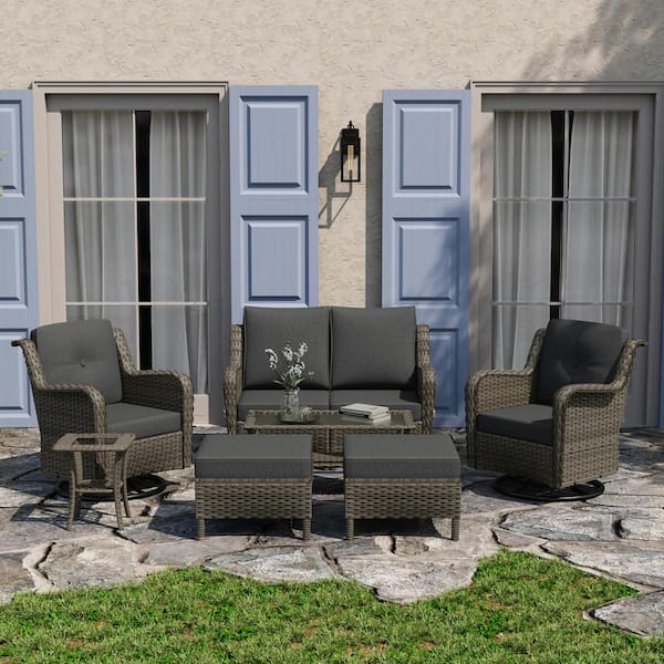 Uixe Taupe 8-Piece Wicker Outdoor Patio Conversation Sofa Set with Swivel Rocking Chairs and Dark Gray Cushions