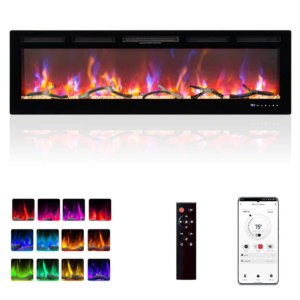 "60"" WiFi Electric Fireplace, Wall/Recessed, 12 Flame Colors, 750/1500W, Remote/Touch/App, Alexa" price history on PriceWatchPro