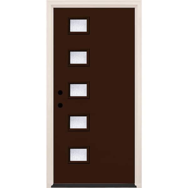 Builders Choice 36 in. x 80 in. Right-Hand/Inswing 5-Lite Rain Glass Chestnut Painted Fiberglass Prehung Front Door w/4-9/16 in. Frame