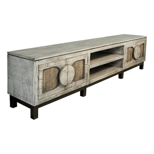 Benjara 92.5 in. White and Brown Wood TV Stand Fits TVs up to 88 in. with 2 Cabinets