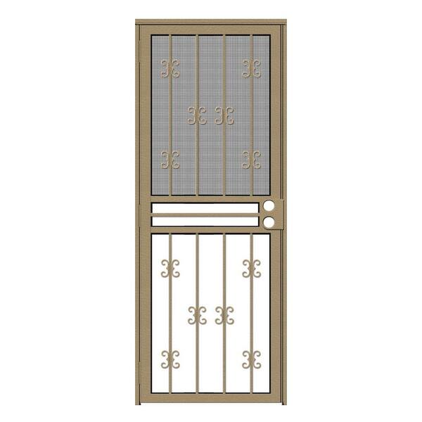 Unique Home Designs 32 in. x 80 in. Moorish Lace Tan Recessed Mount All Season Security Door with Insect Screen and Glass Inserts