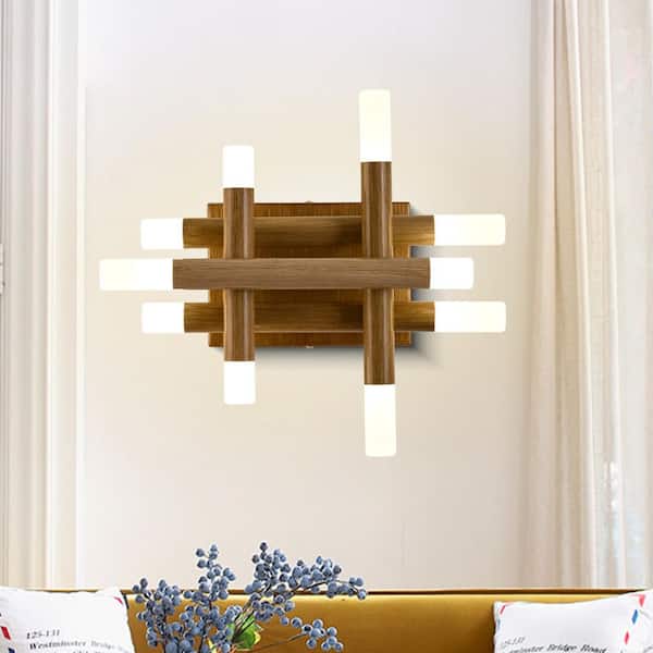 Kyoto 8-Light Light Oak Integrated LED Scandi Minimalist Wall Sconce, Zen Concept Dimmable Geometric Wall Light Fixture