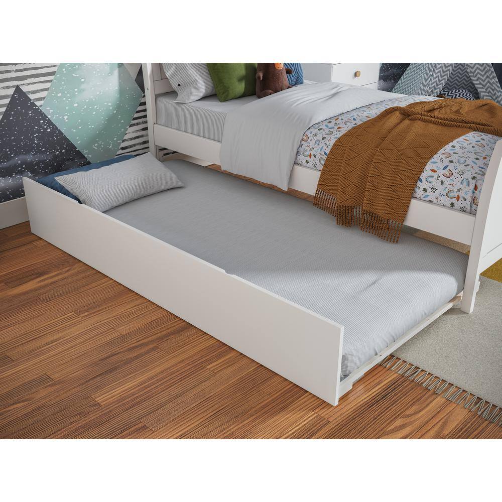 White Twin Solid Wood Platform Bed with Trundle and Headboard