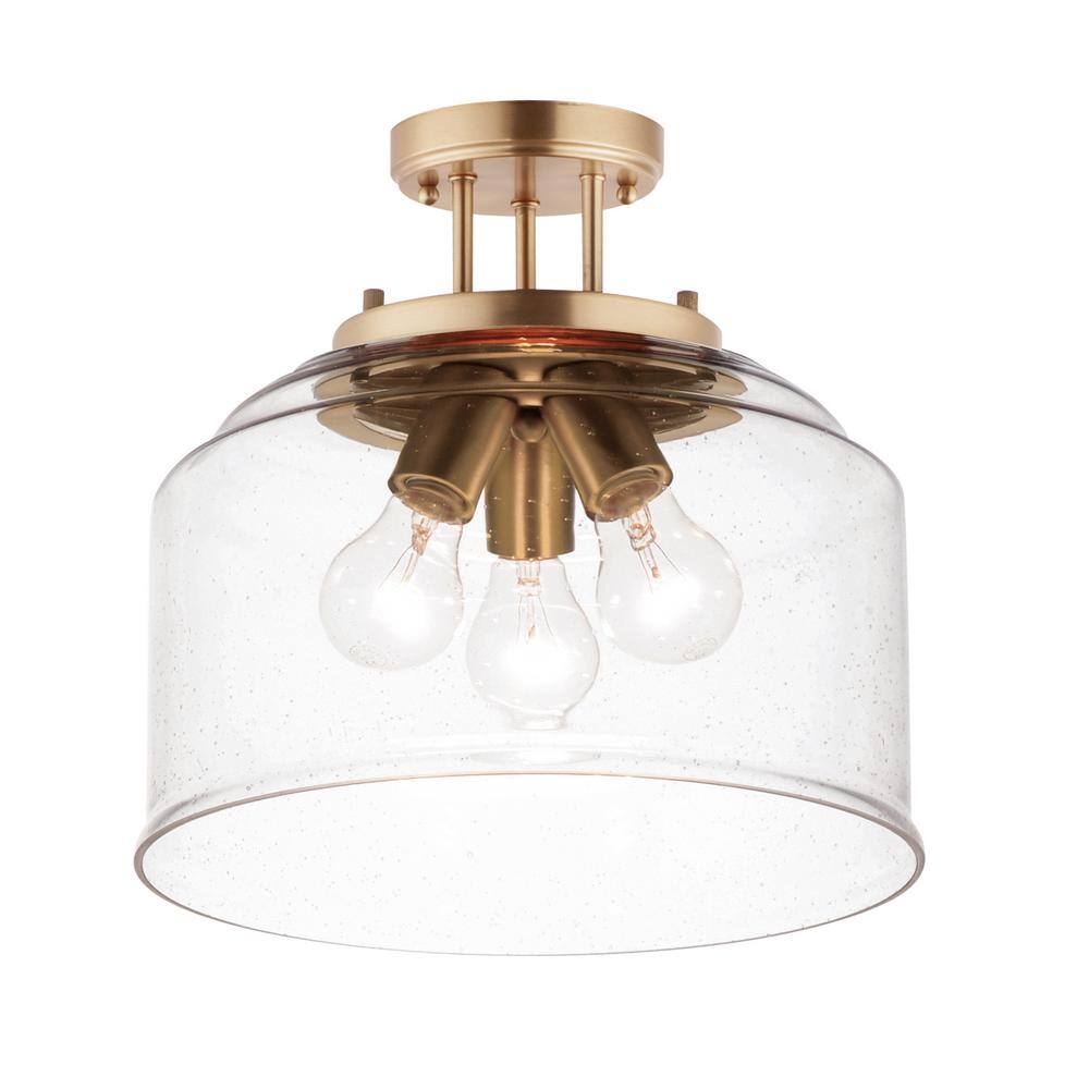 Heritage Brass and Clear Seedy Glass 3-Light Semi-Flush Mount