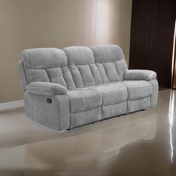 Benjara 86 in. Pillow Top Arm Fabric Rectangle Powered Dual Recliner Sofa in Light Gray