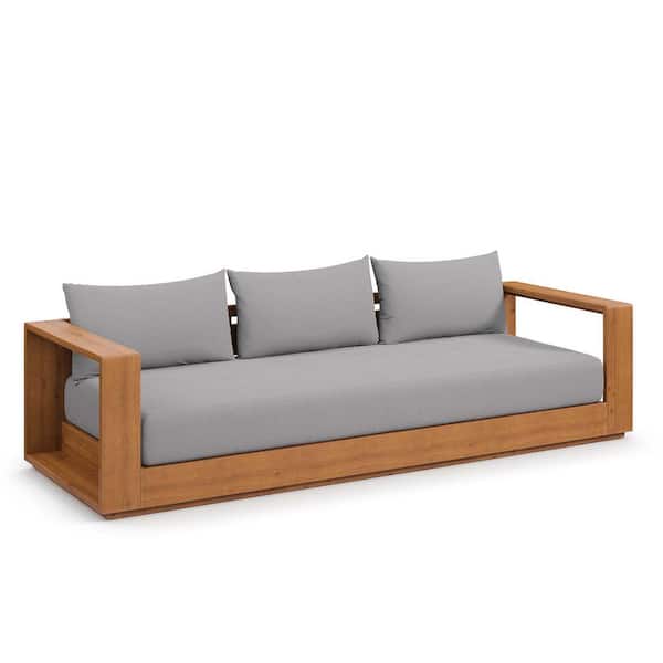 Tahoe Natural Acacia Wood Outdoor Patio Couch with Light Gray Cushions