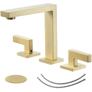 8 in. Widespread Double Handle Bathroom Sink Faucet Brass 3 Holes Taps with Pop-Up Drain Kit Included in Brushed Gold