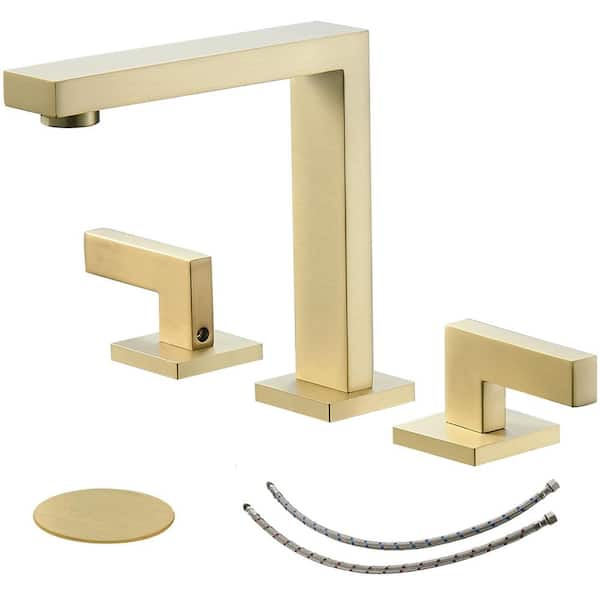 FLG 8 in. Widespread Double Handle Bathroom Sink Faucet Brass 3 Holes Taps with Pop-Up Drain Kit Included in Brushed Gold