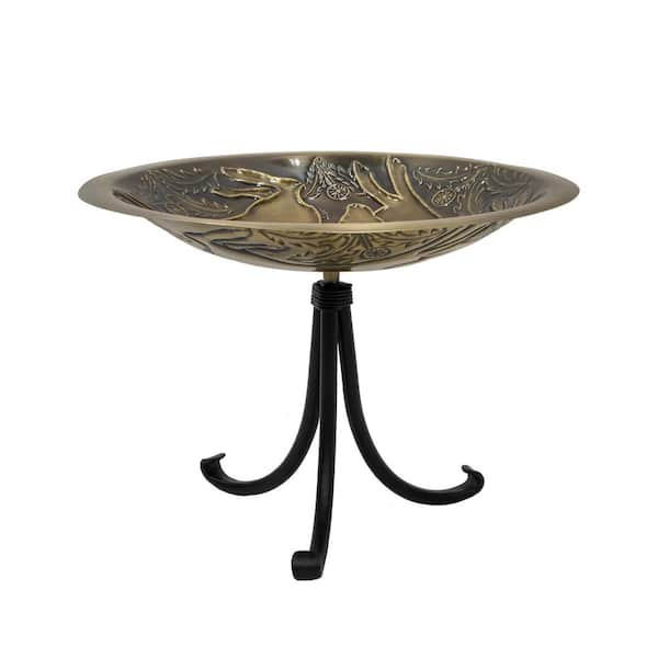 16 in. Dia Round Antique Finished Brass 3-Hares Birdbath w/Black Wrought Iron Tripod Stand, Bronze