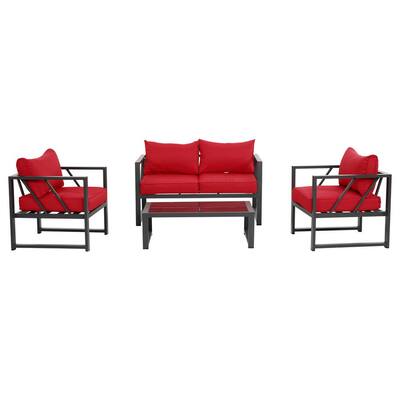 Grey Coated Aluminum 4-Piece Patio Conversation Set with Red Cushions