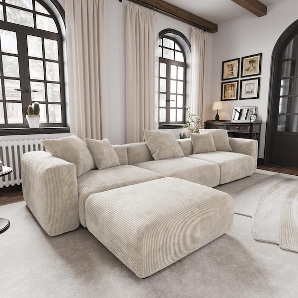 141.7 in. Square Arm Corduroy Velvet Modular Free Combination Sectional Sofa with Ottoman in. Beige