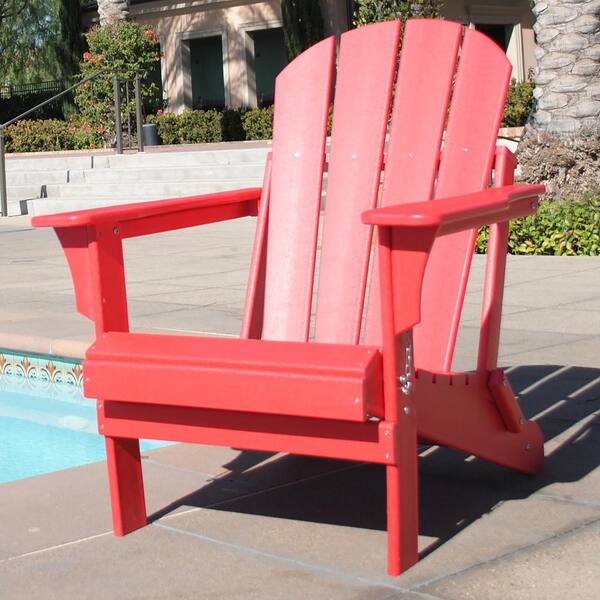 Braxton Folding Plastic Adirondack Chair, Red