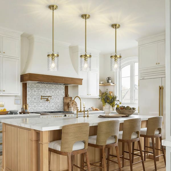 1-Light Modern Brass Pendant Light for Kitchen Island Over Sink Twisted Glass Cylinder Hanging Light for Dining Room
