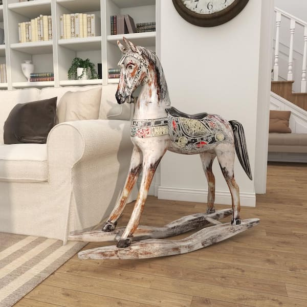 Litton Lane 39 in. x 40 in. Beige Wood Rocking Horse Sculpture with Brown Distressing 62811 The Home Depot