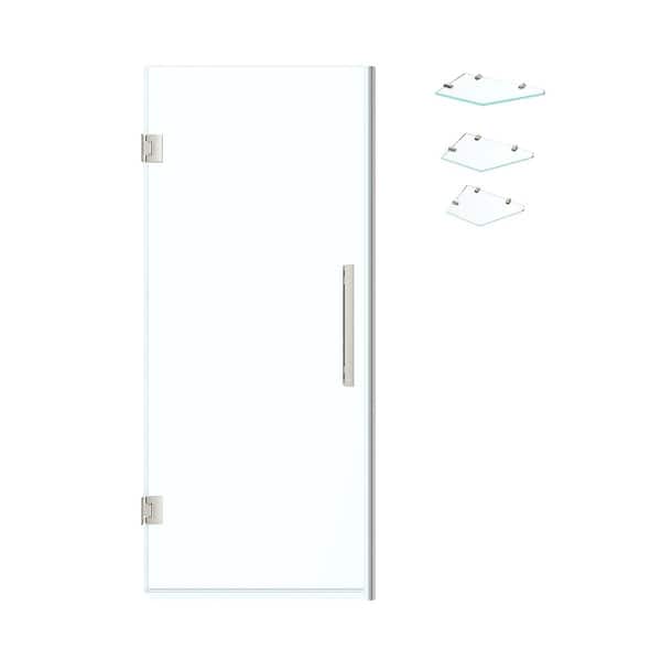 Tampa-Pro 30 11/16 in. W x 72 in. H Pivot Frameless Shower in Satin Nickel with Shelves