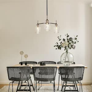 21 in. 3-Light Brass Modern Island Chandelier, Clear Glass Mason Jar Pendant Light, Farmhouse Black Hanging Light