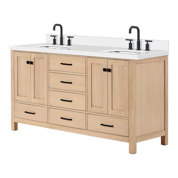ARIEL Cambridge 66 in. Double Sink Freestanding Bathroom Vanity in Oak with Pure White Quartz Top