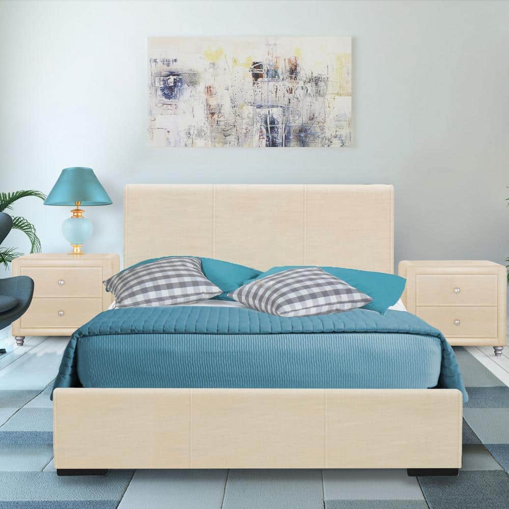 Beige King Upholstered Platform Bed with Slats