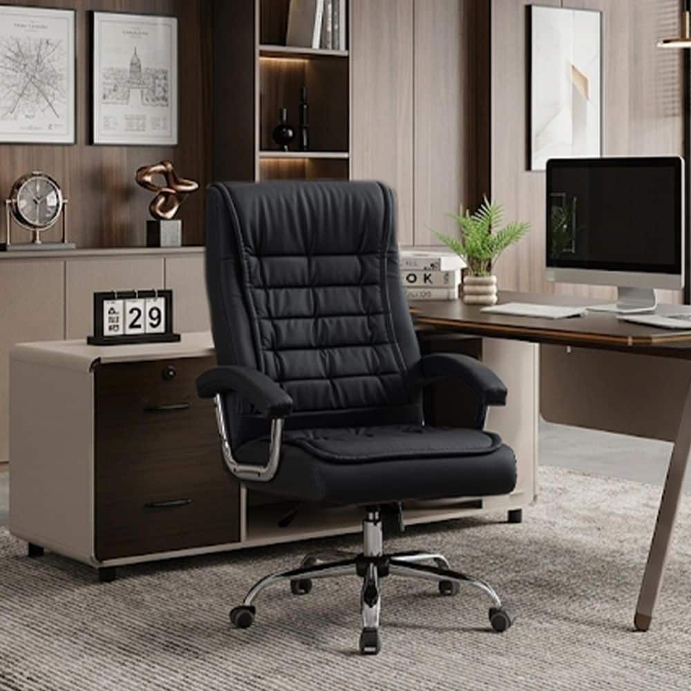 Ergonomic Swivel Chair with Spring Cushion and Chrome Armrests, Black