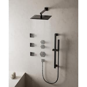 Thermostatic Valve 5-Spray 12 in. Dual Shower Heads Wall Mount Fixed and Handheld Shower Head 2.5 GPM in Matte Black