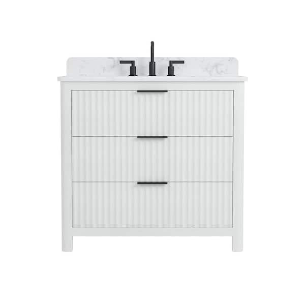 Gwen 37 in. Single Sink Freestanding White Bath Vanity with Carrara White Engineered Stone Top and Backsplash Assembled