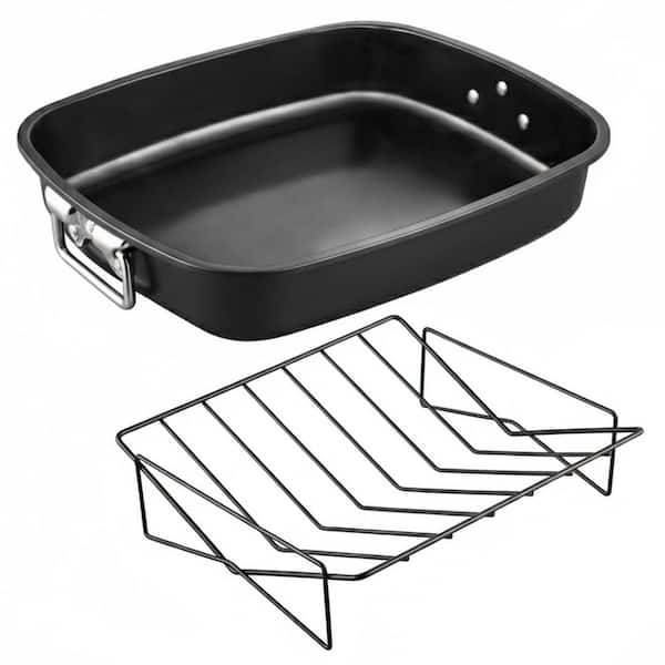 17 qt. Black Carbon Steel Induction Compatible Roasting Pan with V Rack Nonstick Deep Dish Turkey Chicken Roaster