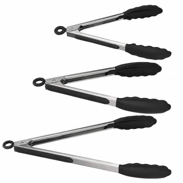 Black Heat Resistant Silicone Cooking Tong Set for Serving Grilling Salad, Non Stick Rubber Tips, Stainless Steel Handle