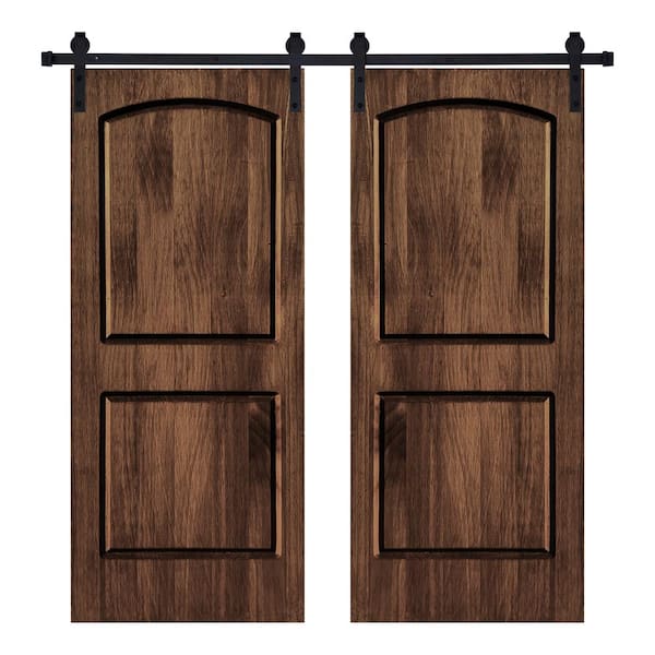 AIOPOP HOME Modern 2Panel-Roman Designed 84 in. x 96 in. Wood Panel Dark Walnut Painted Double Sliding Barn Door with Hardware Kit