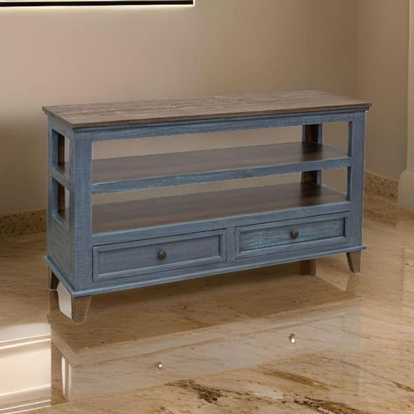 Benjara 16 in. Brown, Blue and Black Rectangle Wooden Console Table with 2-Drawers and Open Shelves
