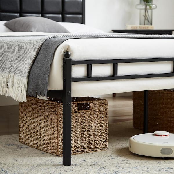 Bed Frame with PU Upholstered Headboard, Full Black Metal Frame Platform Bed, No Boxing Spring Needed