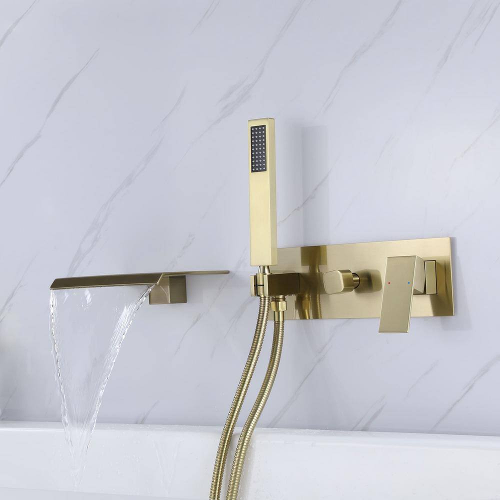 Brushed Gold Wall-Mounted Waterfall Tub Filler with Hand Shower