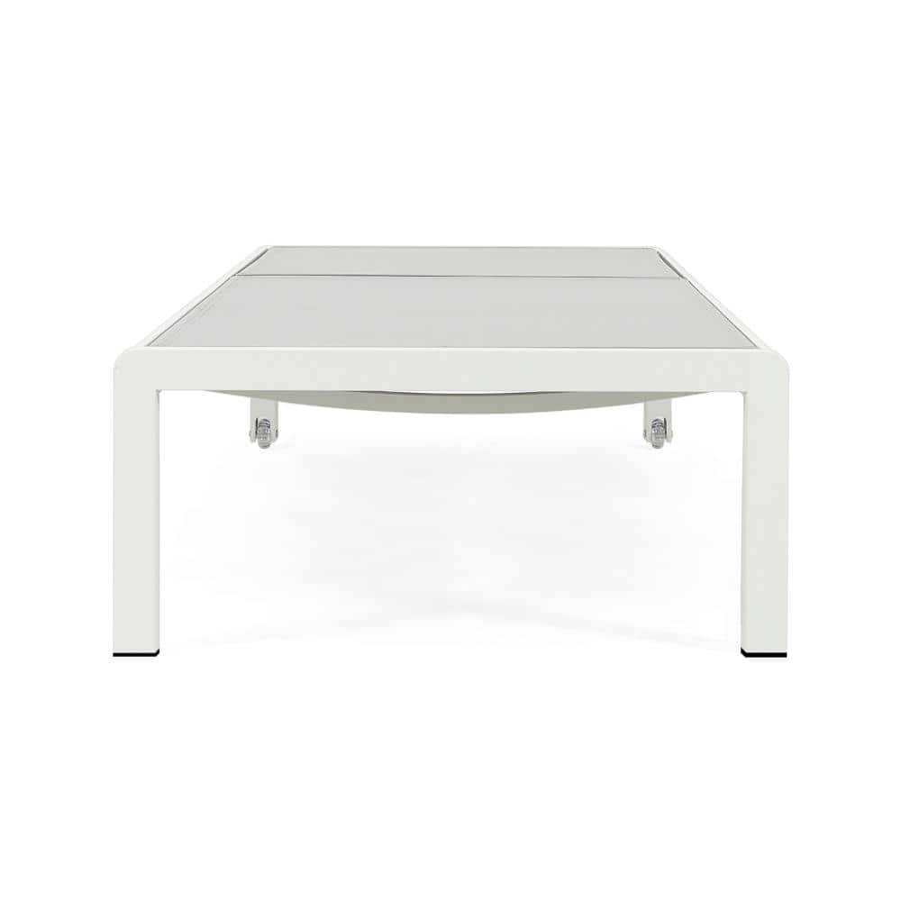 Gray outdoor chaise lounge chair from a front-above view.