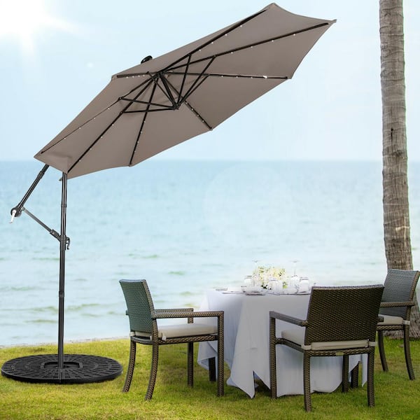 FORCLOVER 10 ft. Metal Cantilever Patio Umbrella with 32 LED Lights and Tilting System in Brown