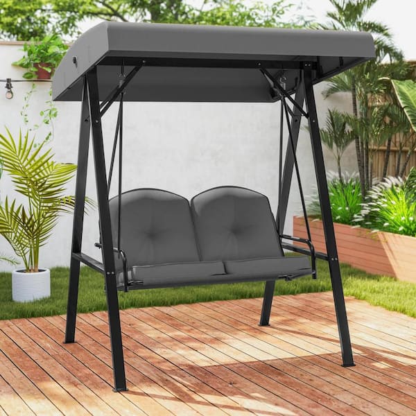 57 in. 2-Person A-Shaped Metal Stand Outdoor Porch Swing Loveseat with Gray Cushions