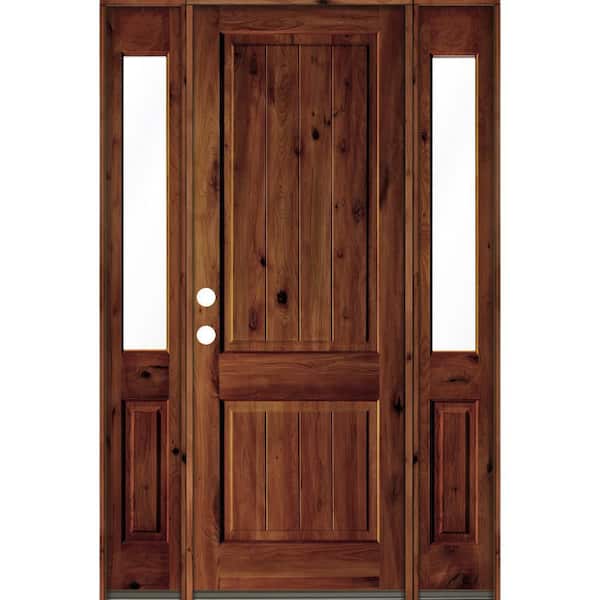 Krosswood Doors 64 in. x 96 in. Rustic Alder Square Red Chestnut Stained Wood V-Groove Right Hand Single Prehung Front Door