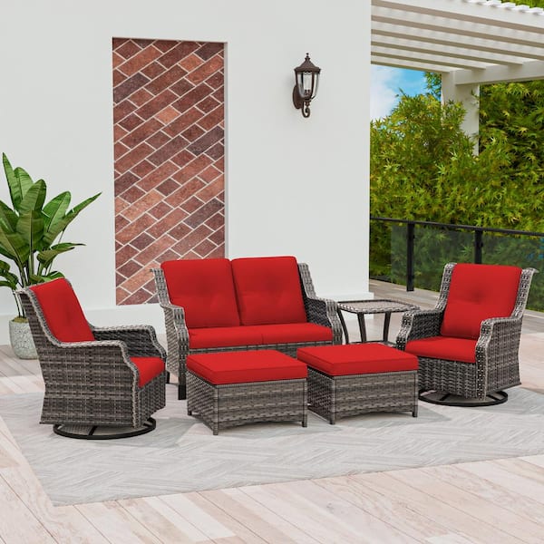 MeetLeisure Brown Wicker 6-Piece Outdoor Patio Conversation Set with 2 Swivel Rocking Chairs and Red Cushions