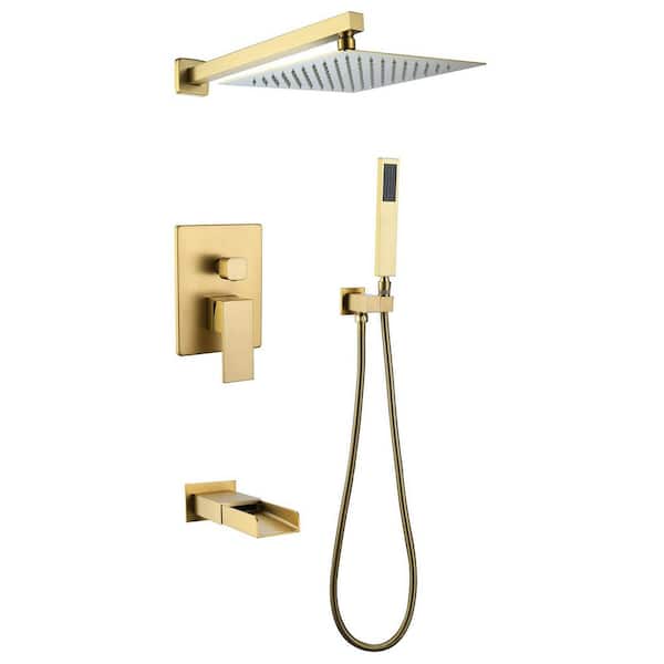 INSTER Brushed Gold 3-Function Shower System with 10 in. Rainfall Head ...