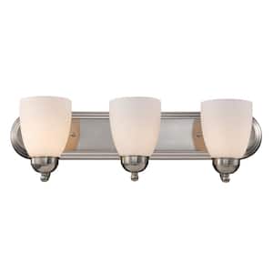 Clayton 24 in. 3-Light Brushed Nickel Bathroom Vanity Light Fixture with Frosted Glass Shades