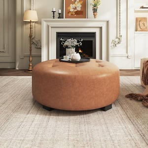 Calistae Orange Brown Modern Upholstered PU Leather Round Ottoman with Tufting