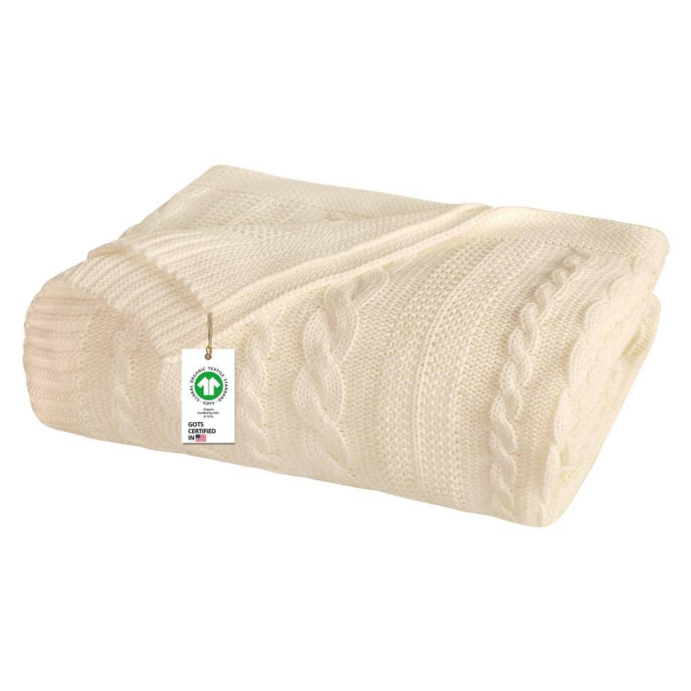 GOTS Certified Organic Cotton Throw Blanket Natural 50 in. x 70 in. for Sofa Couch Bed, Cable Knitted Throw Blanket price history on PriceWatchPro