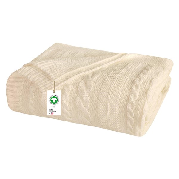 Delara GOTS Certified Organic Cotton Throw Blanket Natural 50 in. x 70 in. for Sofa Couch Bed, Cable Knitted Throw Blanket