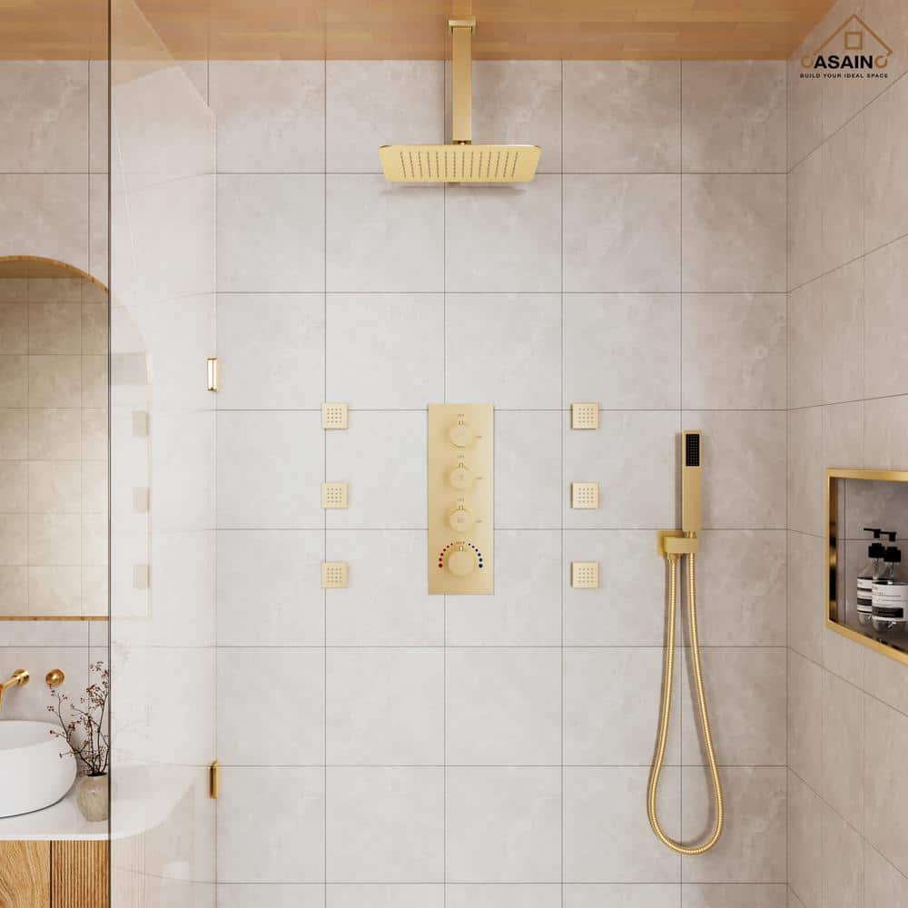 Brushed Gold 12" Stainless Steel Ceiling Mounted Shower System with 6 Body Jets