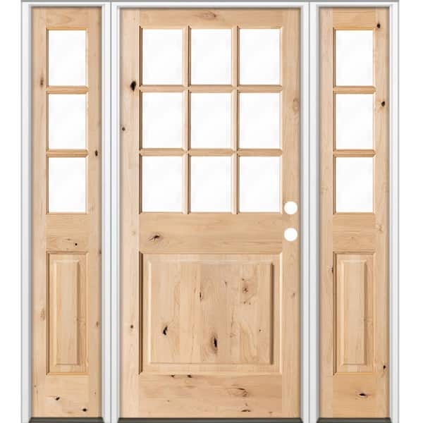 64 in. x 80 in. Craftsman Alder 9-Lite Clear Low-E Unfinished Wood Left-Hand Inswing Prehung Front Door/Sidelites