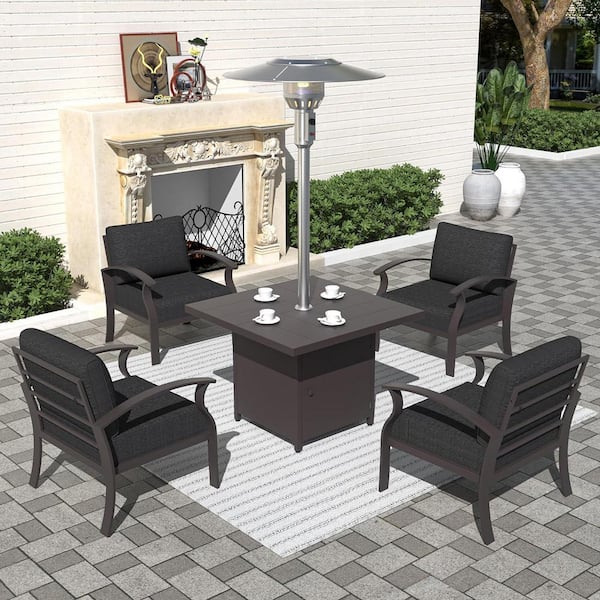 Halmuz 5-Piece Aluminum Patio Conversation Set with Armrest, 45000-BTU Stainless Steel Burner Square Table and Cushion Black