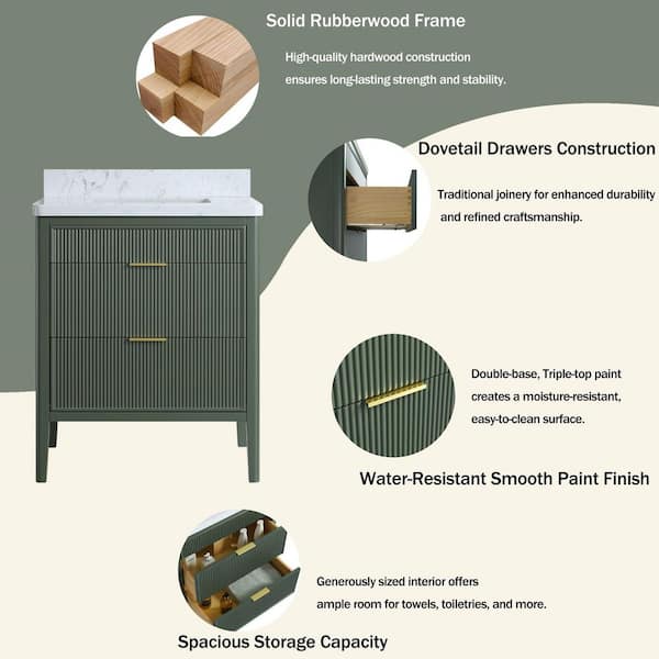 30 in. W x 22 in. D x 35 in. H Freestanding Single Sink Solid Wood Bath Vanity in Vintage Green with White Top