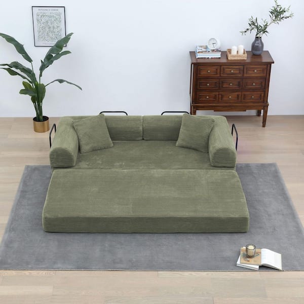 Light Green Chenille Round Arm Chaise Lounge, Corduroy King Sofa Bed, Folding Couch or Sofa